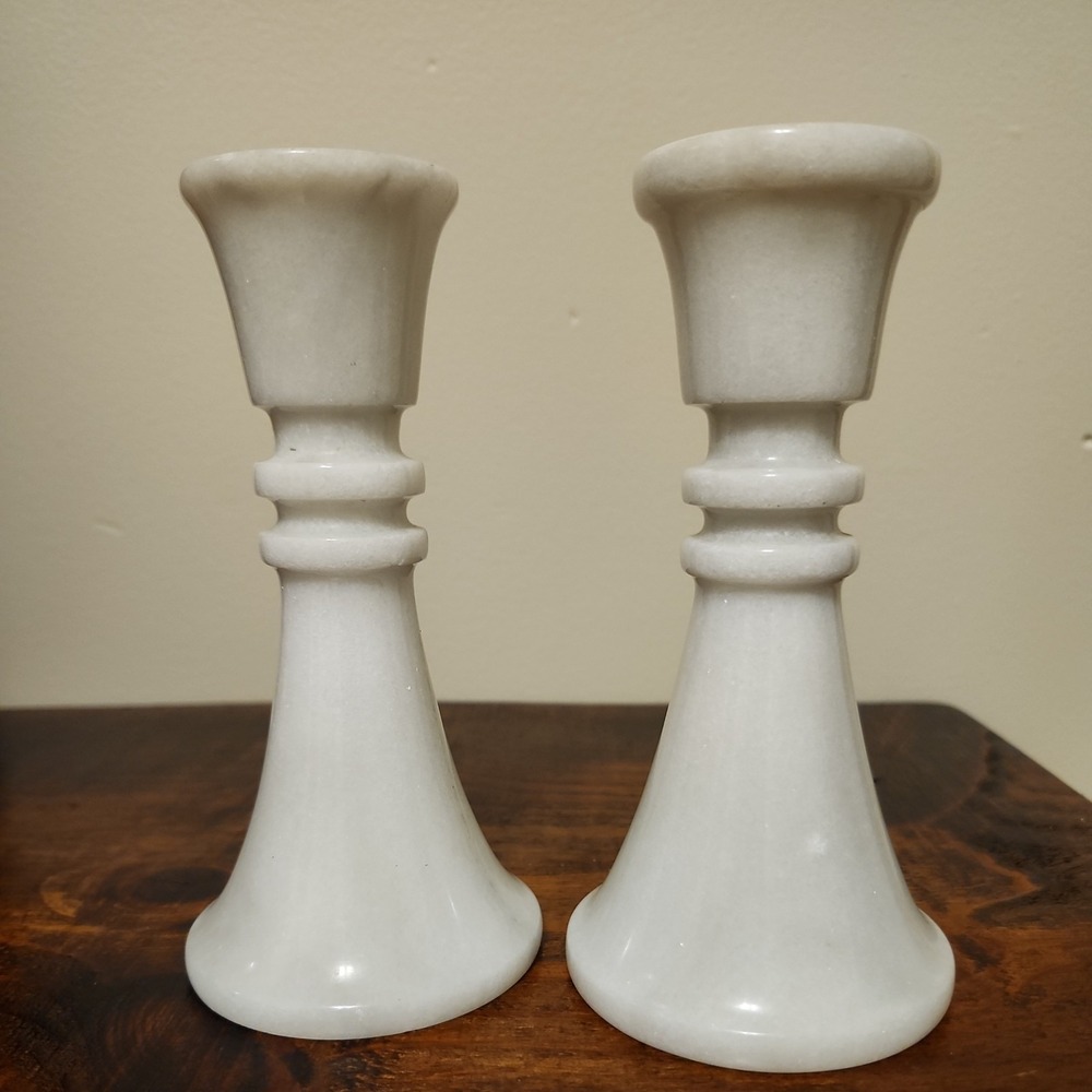 Set of 2 Vintage White Marble Pillar 6" Candlestick Holders Neoclassical Column